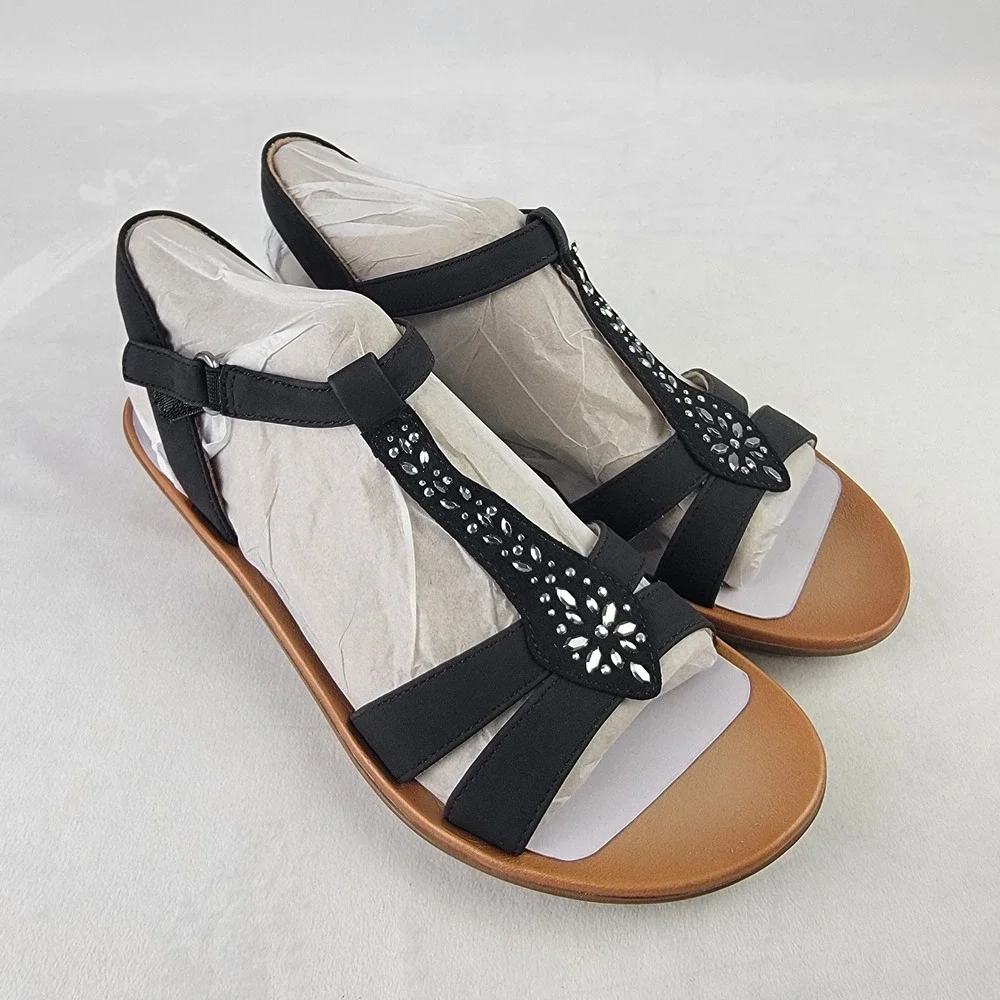 Soul Naturalizer Smooth Black Rhinestone T-Strap Wedge Sandals Womens 11 M NEW - Picture 1 of 7